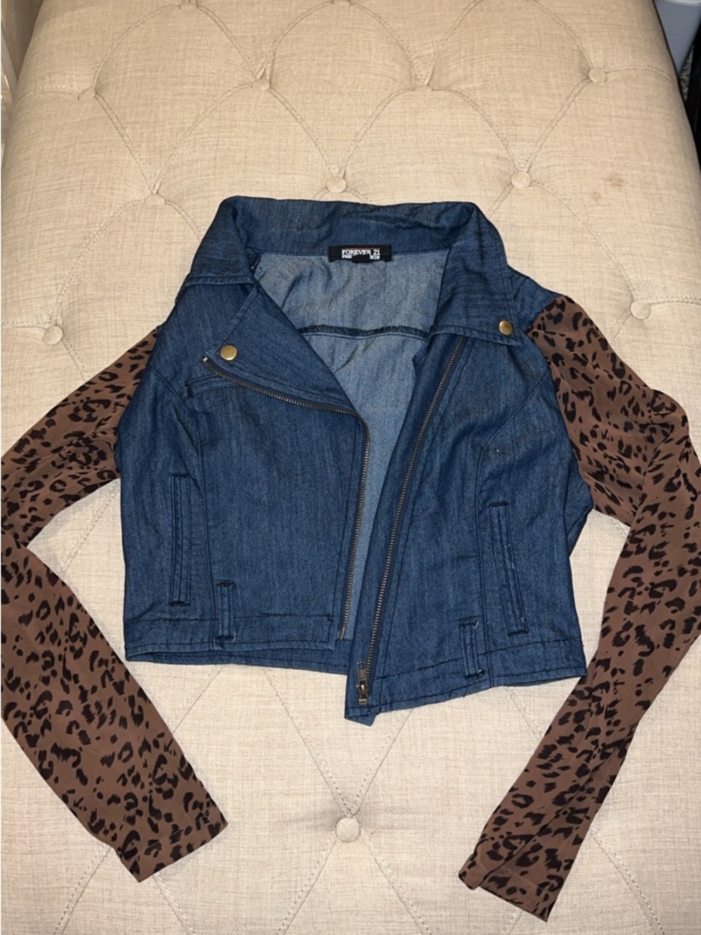 Forever 21 Dark Blue Denim Jacket with Brown Leopard-Print Sleeves